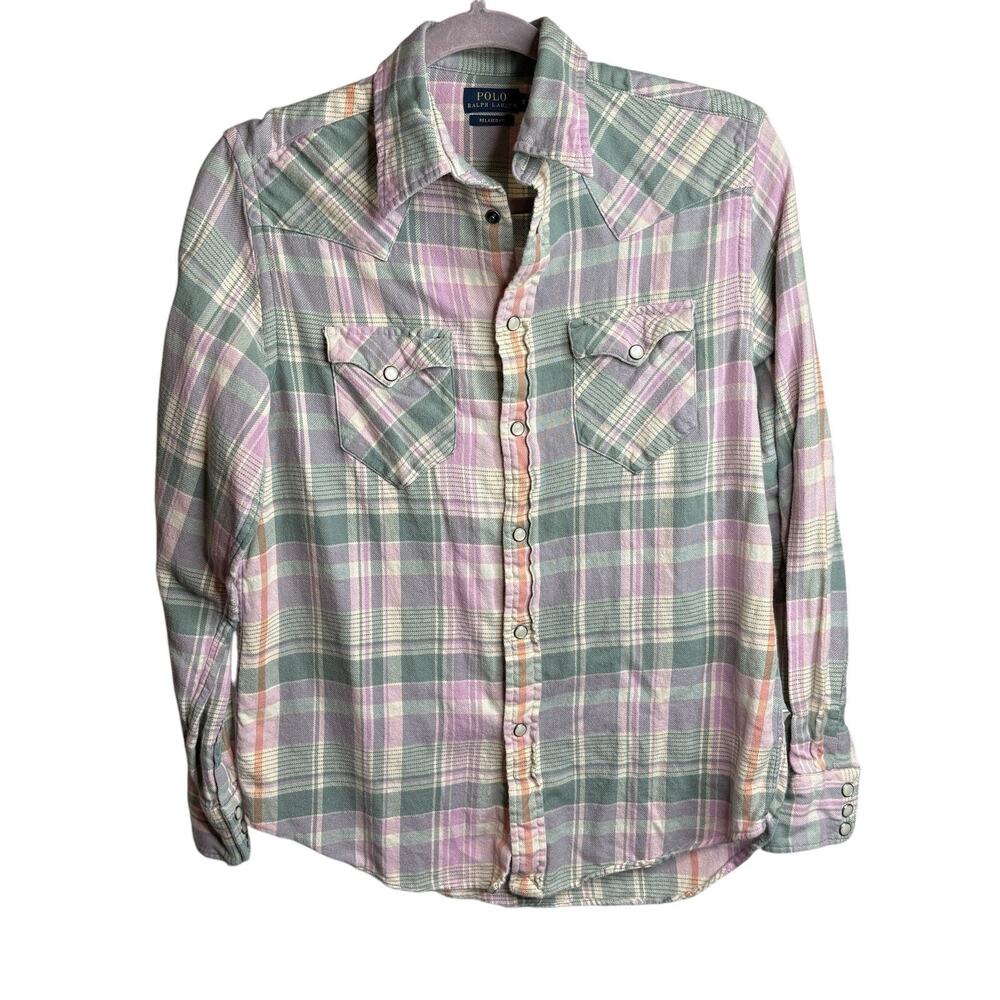 Polo by Ralph Lauren Pastel Plaid Western Button-Down Shirt — Pink, Green, Cream